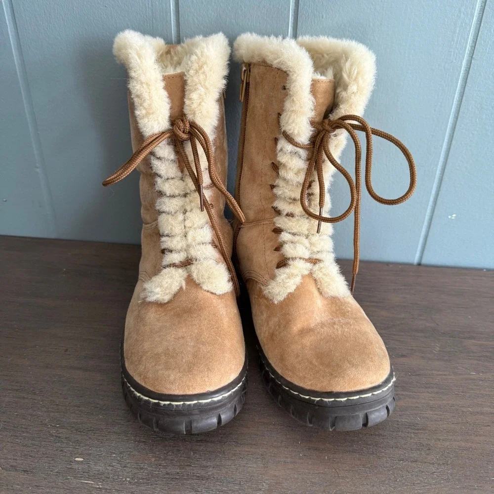 Natural Reflections Shearling-Lined Suede Leather Winter Boots Womens 6 Fur Trim